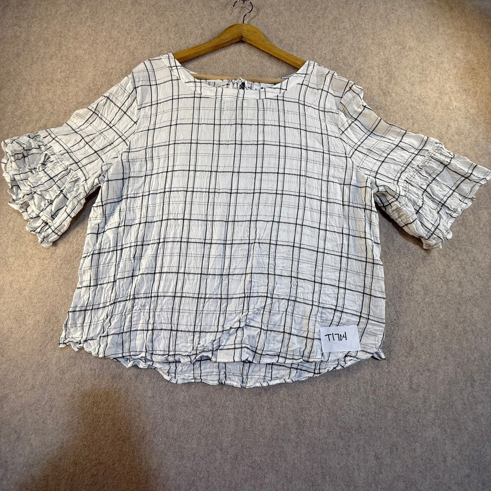 Susina Windowpane Plaid‎ Ruffle Sleeve Tie Back Blouse White Black XL